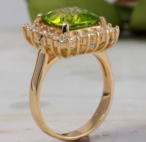 5.30 Carats Natural Very Nice Looking Peridot and Diamond 14K Solid Yellow Gold Ring