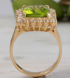 5.30 Carats Natural Very Nice Looking Peridot and Diamond 14K Solid Yellow Gold Ring