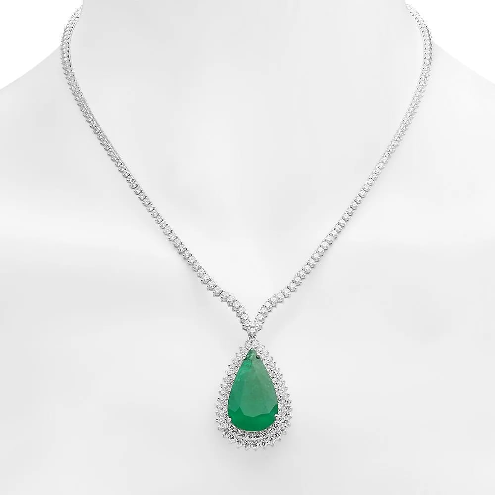 20.10Ct Natural Emerald and Diamond 18K Solid White Gold Necklace
