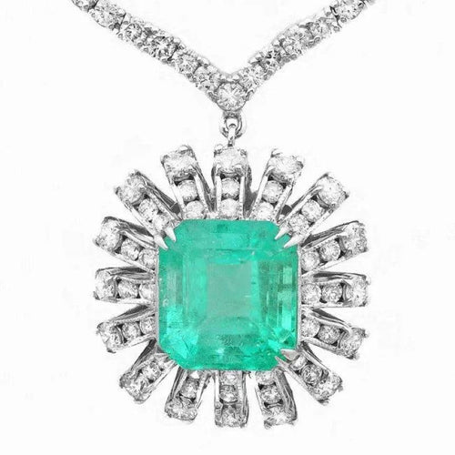 19.80Ct Natural Emerald and Diamond 18K Solid White Gold Necklace