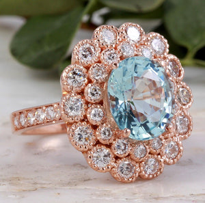 6.00 Carats Natural Aquamarine and Diamond 14K Solid Rose Gold Ring