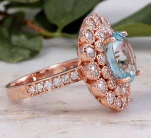 6.00 Carats Natural Aquamarine and Diamond 14K Solid Rose Gold Ring