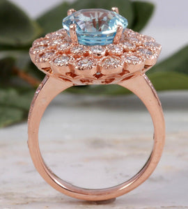 6.00 Carats Natural Aquamarine and Diamond 14K Solid Rose Gold Ring