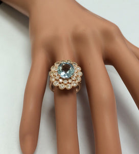 6.00 Carats Natural Aquamarine and Diamond 14K Solid Rose Gold Ring