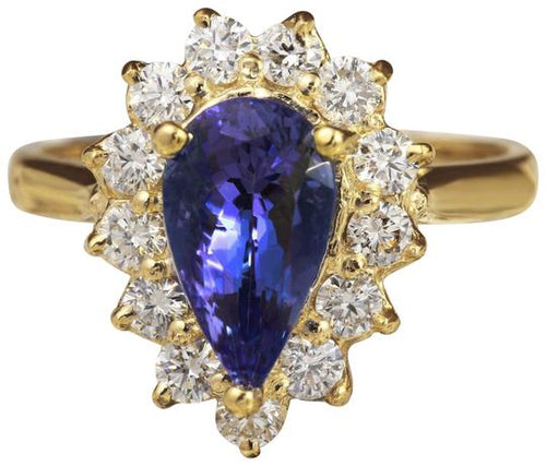 2.65 Carats Natural Splendid Tanzanite and Diamond 14K Solid Yellow Gold Ring