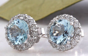 Exquisite 3.05 Carats Natural Aquamarine and Diamond 14K Solid White Gold Stud Earrings