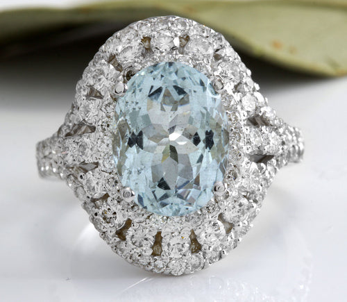 5.85 Carats Natural Aquamarine and Diamond 14K Solid White Gold Ring