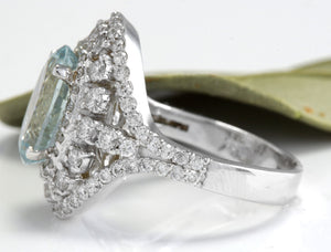 5.85 Carats Natural Aquamarine and Diamond 14K Solid White Gold Ring
