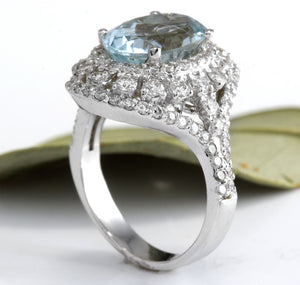 5.85 Carats Natural Aquamarine and Diamond 14K Solid White Gold Ring