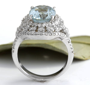 5.85 Carats Natural Aquamarine and Diamond 14K Solid White Gold Ring