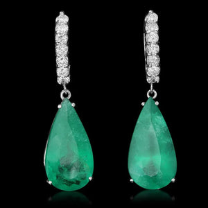 20.80ct Natural Emerald and Diamond 14K Solid White Gold Earrings