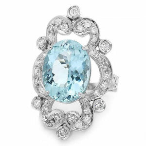 8.00 Carats Natural Aquamarine and Diamond 14K Solid White Gold Ring