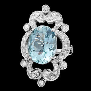 8.00 Carats Natural Aquamarine and Diamond 14K Solid White Gold Ring