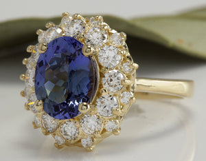 3.80 Carats Natural Very Nice Looking Tanzanite and Diamond 14K Solid Yellow Gold Ring