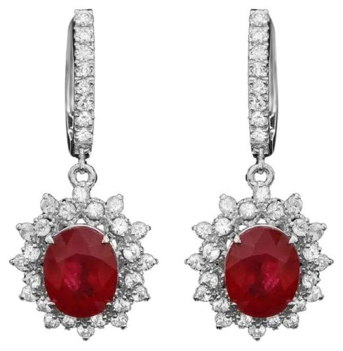 9.80Ct Natural Ruby and Diamond 14K Solid White Gold Earrings