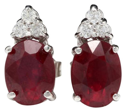 Exquisite 4.20 Carats Red Ruby and Natural Diamond 14K Solid White Gold Stud Earrings
