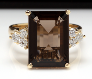 7.35 Carats Natural Impressive Smokey Quartz and Diamond 14K Solid Yellow Gold Ring