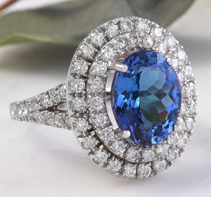 6.20 Carats Natural Very Nice Looking Tanzanite and Diamond 14K Solid White Gold Ring