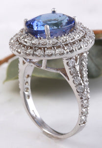 6.20 Carats Natural Very Nice Looking Tanzanite and Diamond 14K Solid White Gold Ring