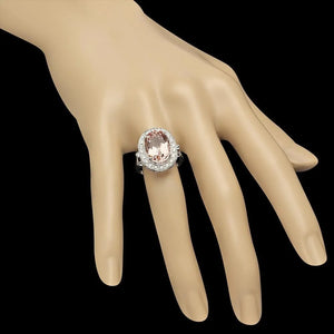 6.30 Carats Natural Morganite and Diamond 14K Solid White Gold Ring
