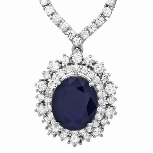 10.80Ct Natural Sapphire and Diamond 18K Solid White Gold Necklace