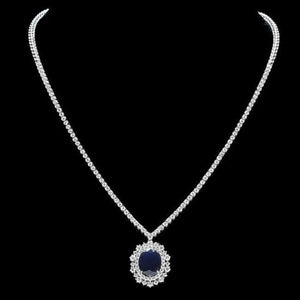 10.80Ct Natural Sapphire and Diamond 18K Solid White Gold Necklace