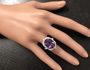 9.75 Carats Natural Impressive Amethyst and Diamond 14K Solid White Gold Ring