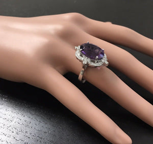 9.75 Carats Natural Impressive Amethyst and Diamond 14K Solid White Gold Ring