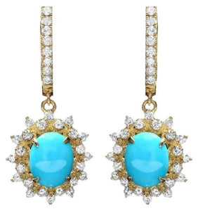 5.30Ct Natural Turquoise and Diamond 14K Solid Yellow Gold Earrings