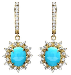 5.30Ct Natural Turquoise and Diamond 14K Solid Yellow Gold Earrings