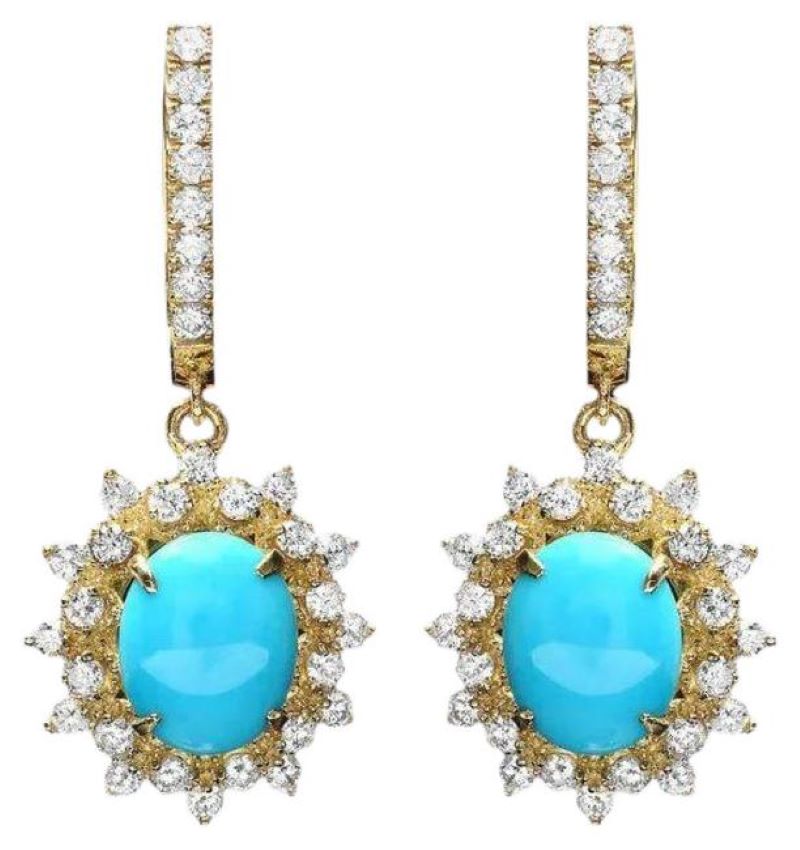 5.30Ct Natural Turquoise and Diamond 14K Solid Yellow Gold Earrings