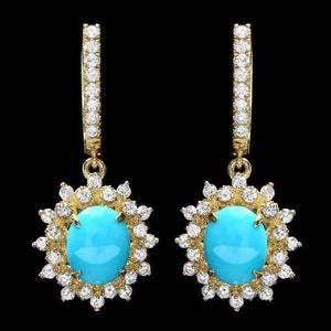 5.30Ct Natural Turquoise and Diamond 14K Solid Yellow Gold Earrings