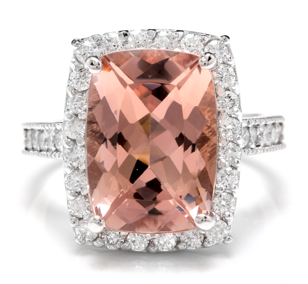 7.35 Carats Exquisite Natural Morganite and Diamond 14K Solid White Gold Ring