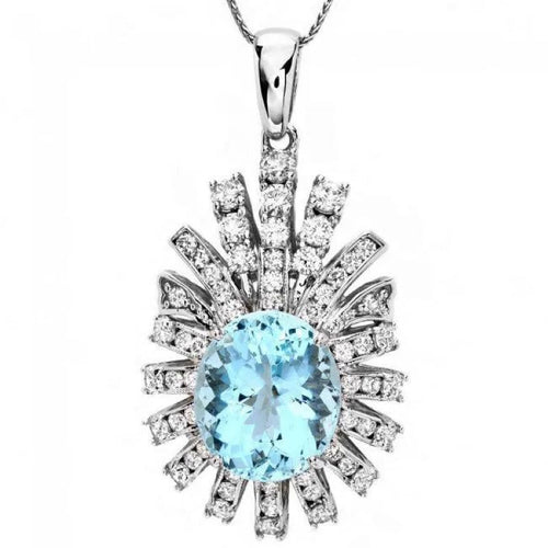 10.50Ct Natural Aquamarine and  Diamond 14K Solid White Gold Pendant