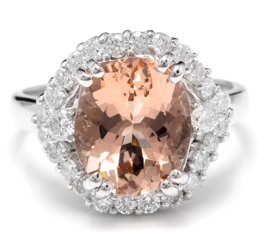 5.75 Carats Exquisite Natural Morganite and Diamond 14K Solid White Gold Ring