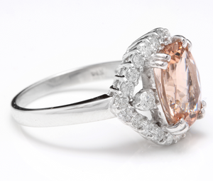 5.75 Carats Exquisite Natural Morganite and Diamond 14K Solid White Gold Ring