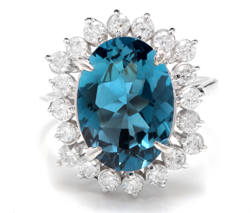 6.90 Carats Natural Impressive London Blue Topaz and Diamond 14K White Gold Ring