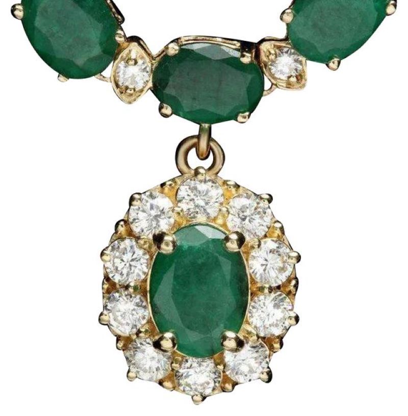 26.00Ct Natural Emerald and Diamond 14K Solid Yellow Gold Necklace