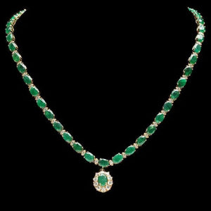 26.00Ct Natural Emerald and Diamond 14K Solid Yellow Gold Necklace