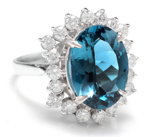 6.90 Carats Natural Impressive London Blue Topaz and Diamond 14K White Gold Ring