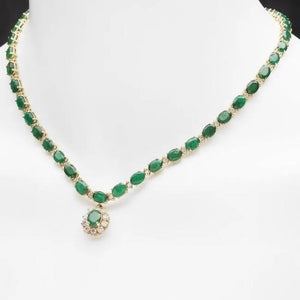 26.00Ct Natural Emerald and Diamond 14K Solid Yellow Gold Necklace