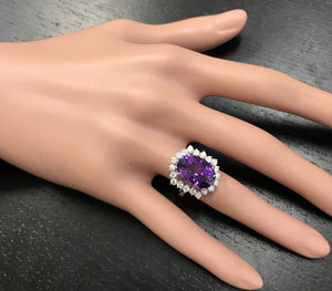 7.90 Carats Natural Amethyst and Diamond 14K Solid White Gold Ring