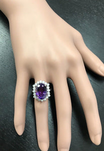 7.90 Carats Natural Amethyst and Diamond 14K Solid White Gold Ring