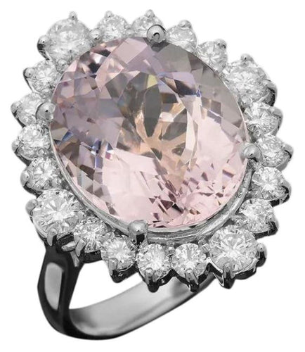 10.40 Carats Natural Pink Kunzite and Diamond 14K Solid White Gold Ring