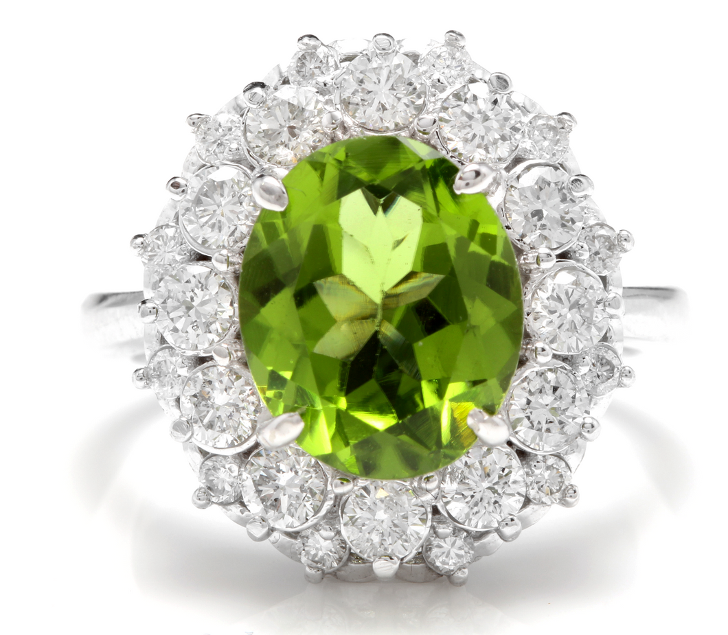 4.85 Carats Natural Very Nice Looking Peridot and Diamond 14K Solid White Gold Ring