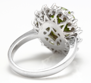 4.85 Carats Natural Very Nice Looking Peridot and Diamond 14K Solid White Gold Ring