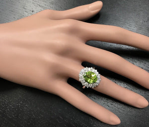 4.85 Carats Natural Very Nice Looking Peridot and Diamond 14K Solid White Gold Ring