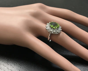 4.85 Carats Natural Very Nice Looking Peridot and Diamond 14K Solid White Gold Ring