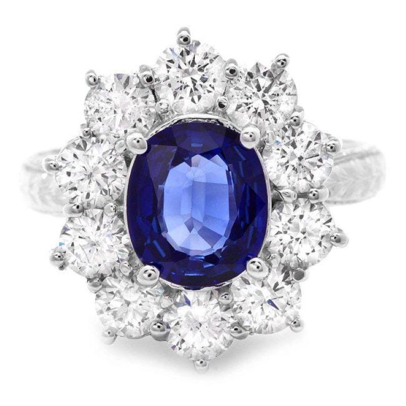 3.80 Carats Natural Sapphire and Diamond 18k Solid White Gold Ring