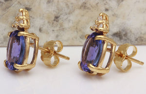 Exquisite 4.18 Carats Natural Tanzanite and Diamond 14K Solid Yellow Gold Stud Earrings